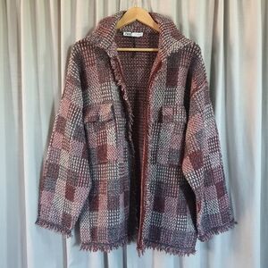 Zara Checkered Pink Metallic Jacket Womens L Flap/Patch Pockets Fringe